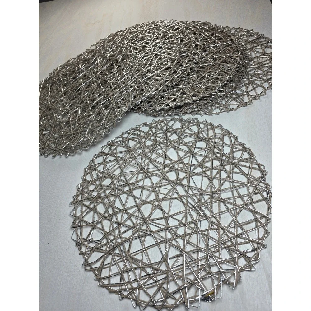 Silver Woven Round Placemats Set Metallic Bird Nest Boho Minimalist Decor 15